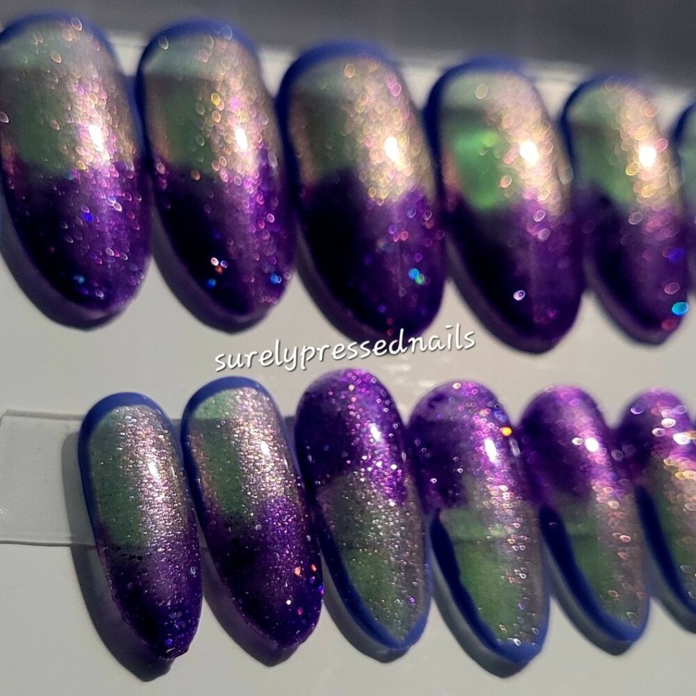 Shimmer Purple, Lilac lined, Glitter Purple Wave Oval Shaped= Press on Nails